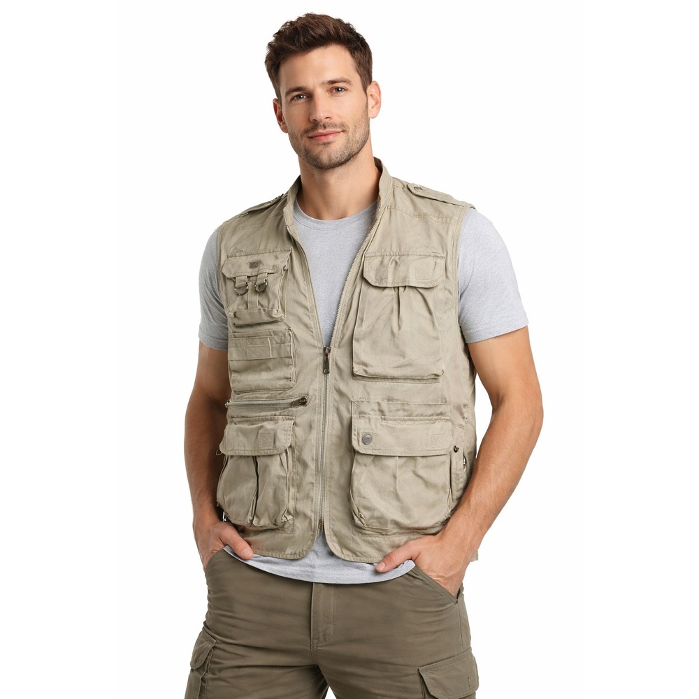 North Bay Mens XL Khaki Utility Fishing Vest Multi Pocket Mesh Lined Gorpcore